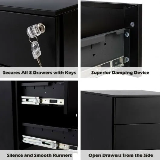 3 Drawer Filing Cabinet Locking Pedestal Desk -Black