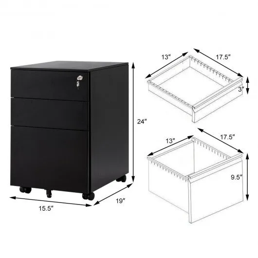 3 Drawer Filing Cabinet Locking Pedestal Desk -Black