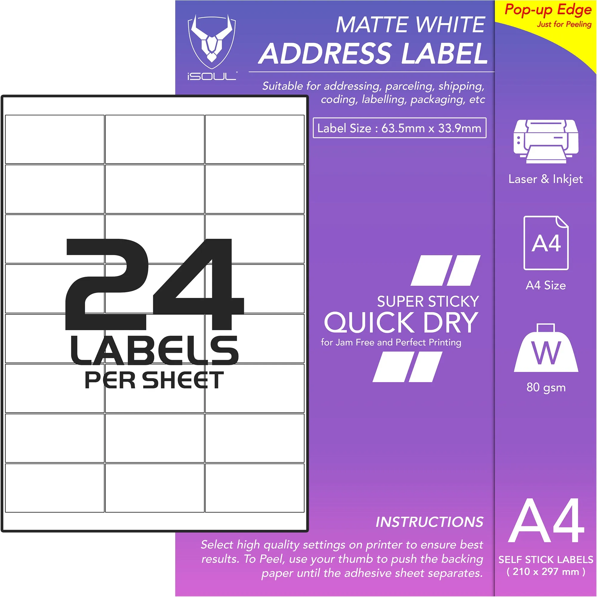 Address Label Sticker Sheets - 24 Labels per Sheet - 64mm x 34mm