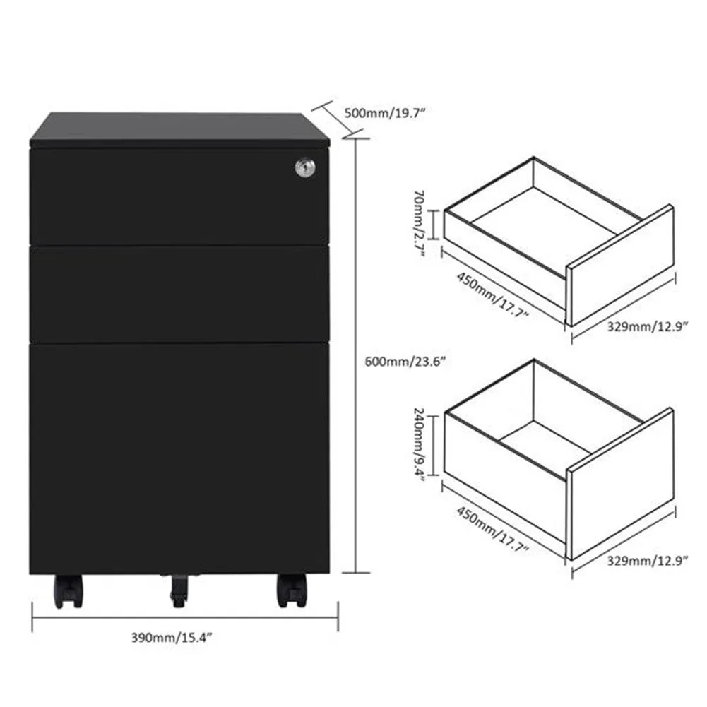 AMYOVE 39cm Movable Storage Cabinet with 3 Side-pull Drawers File Cabinet Black