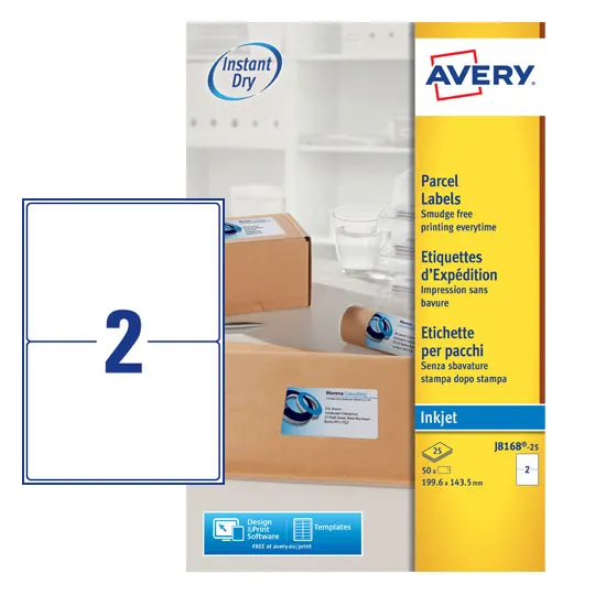 Avery Inkjet Address Label 200x143.5mm 2 Per A4 Sheet White (Pack 50 Labels) J8168-25