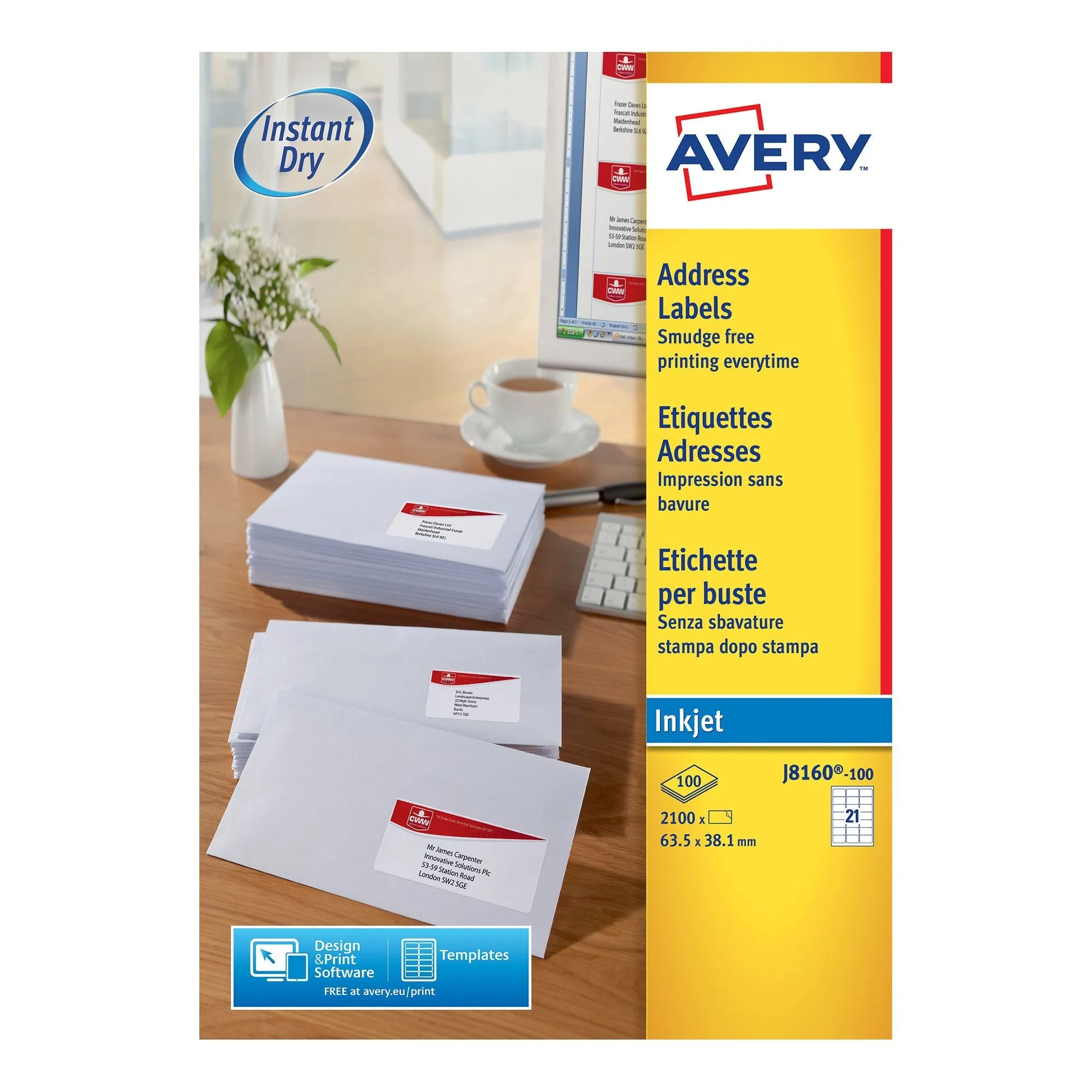 Avery Inkjet Address Label 63.5x38.1mm 21 Per A4 Sheet White (Pack 2100 Labels) J8160-100