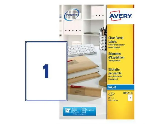 Avery J8567 Clear Addressing Labels 210x297mm 1label-sheet 25labels-pack