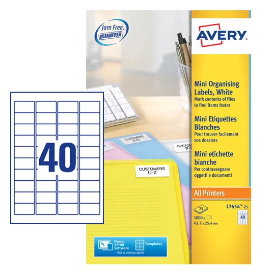 Avery Laser Mini Label 45.7x25.4mm 40 Per A4 Sheet White (Pack 1000 Labels) L7654-25