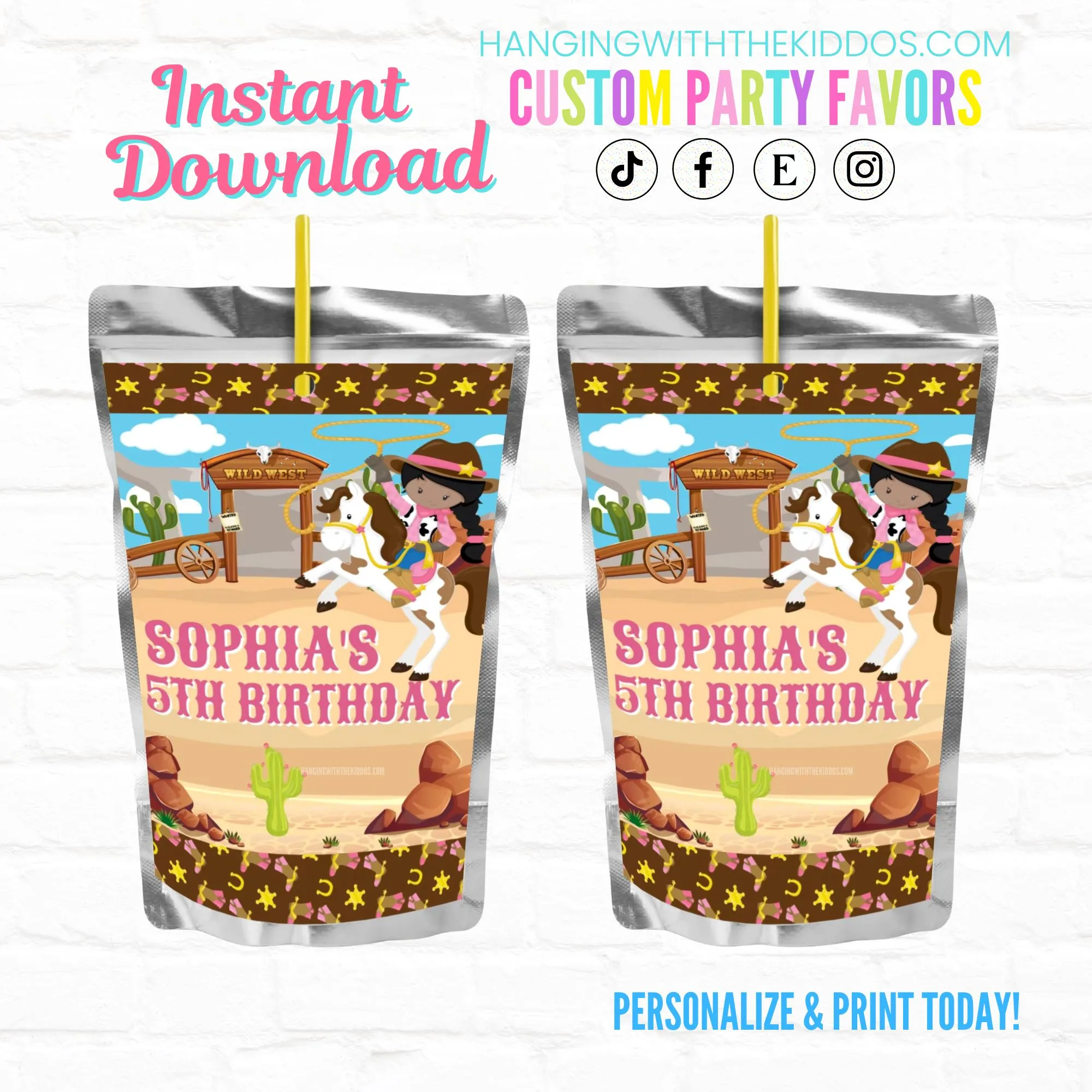 Cowgirl Personalized Juice Pouch Labels| Printable File  01