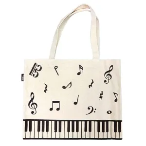 Cream Canvas Tote Bag Music Notes and Keyboard Design