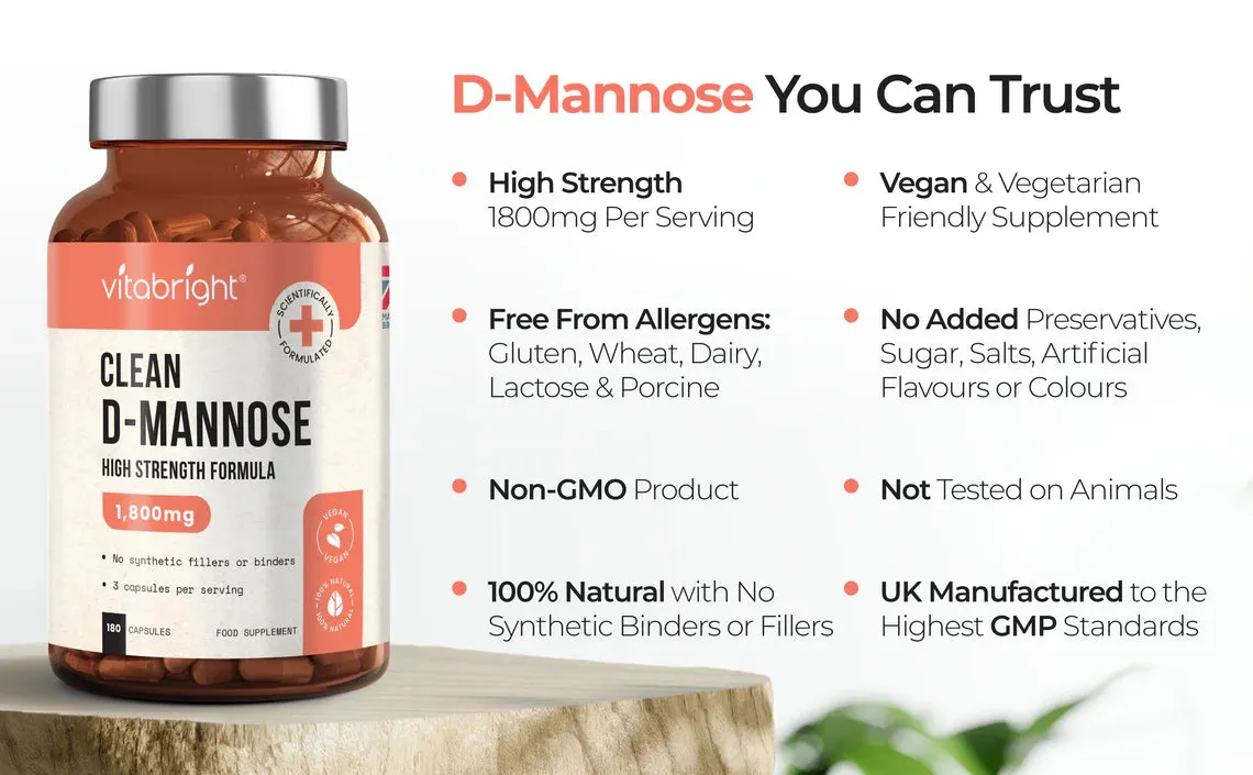 D Mannose Capsules 1800mg 180 High Strength Vegan Capsules - UTI Bladder Support