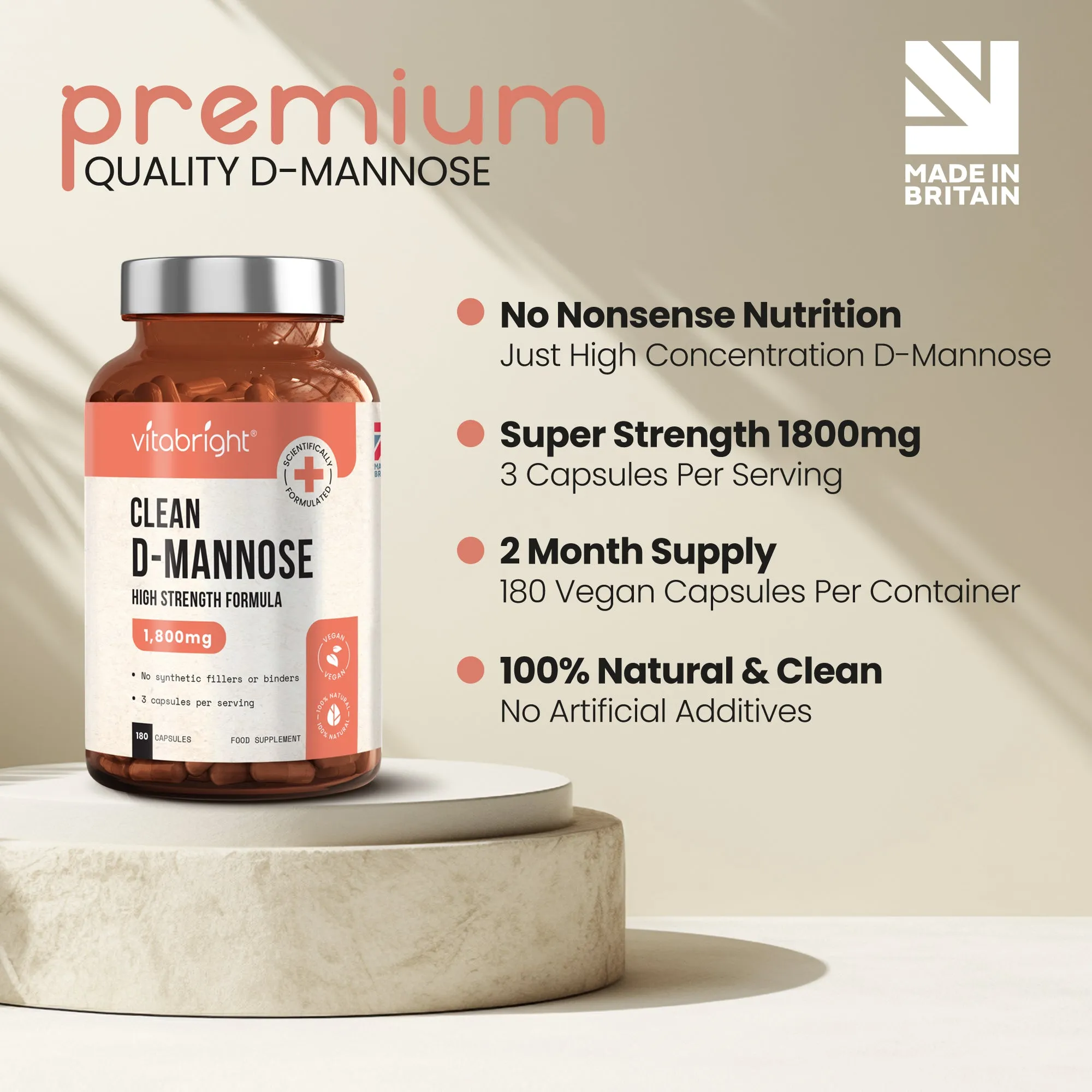 D Mannose Capsules 1800mg 180 High Strength Vegan Capsules - UTI Bladder Support