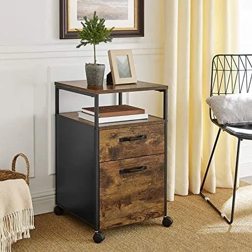 File Cabinet with 2 Drawers, Wheels and Open Compartment Rustic Brown and Black