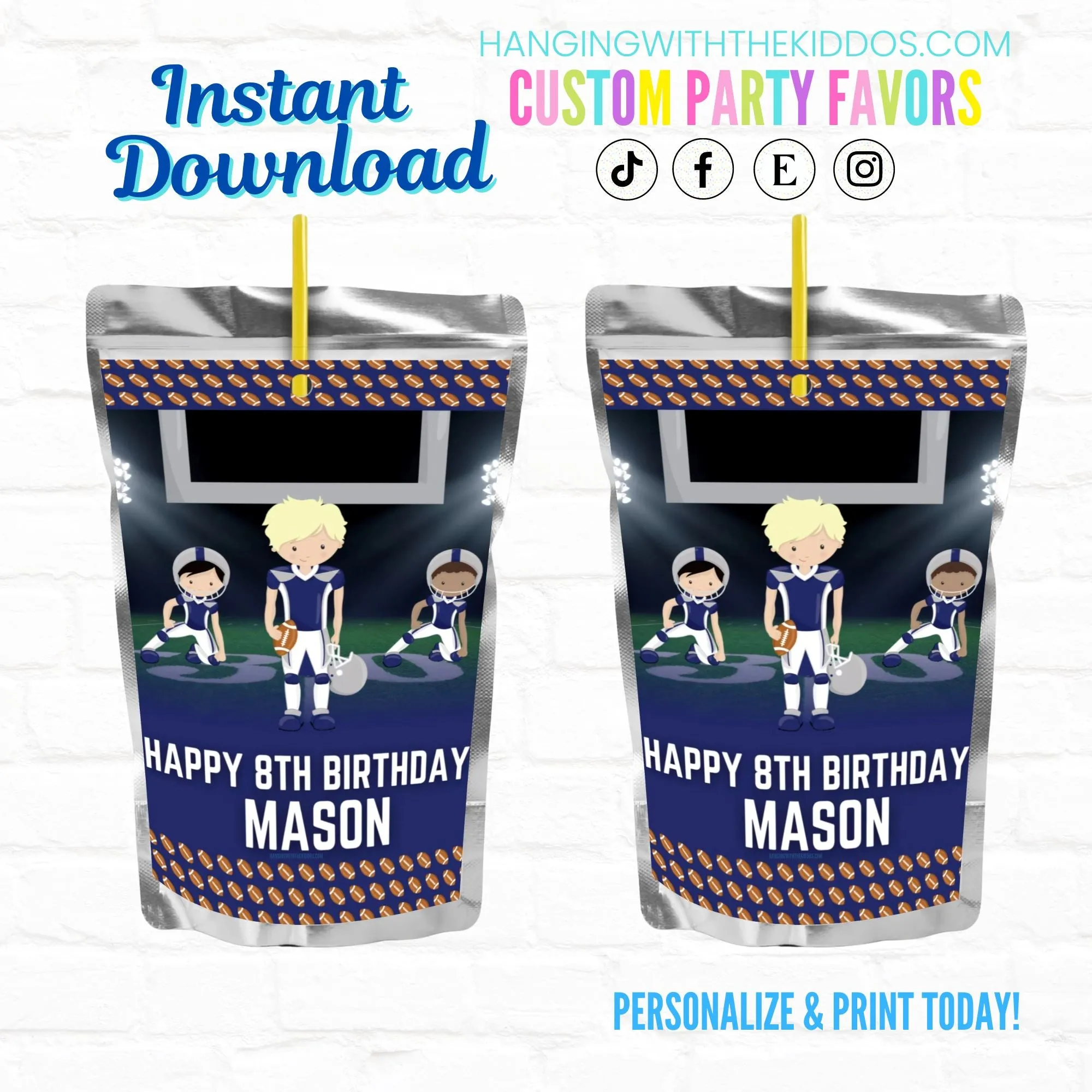 Football Personalized Juice Pouch Labels|Printable File 03