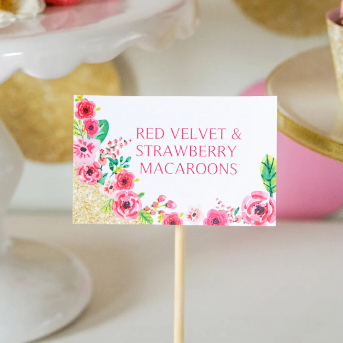 Half Birthday Party Food Label Tent Cards | Gold Glitter Floral Watercolor Buffet Cards