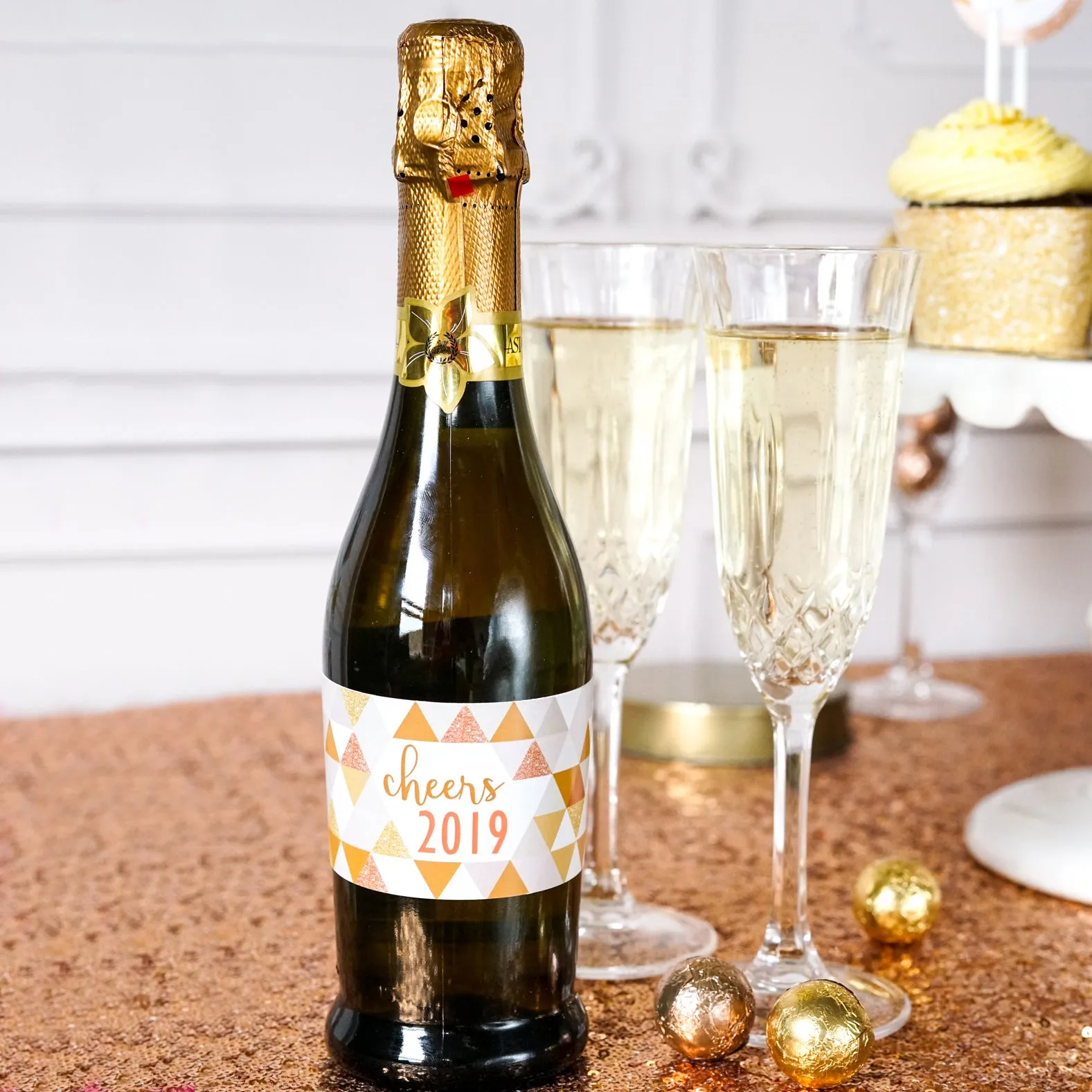 New Years Eve Water Bottle Labels | Geometric Prism Metallic Glitter | Dinky Champagne Labels