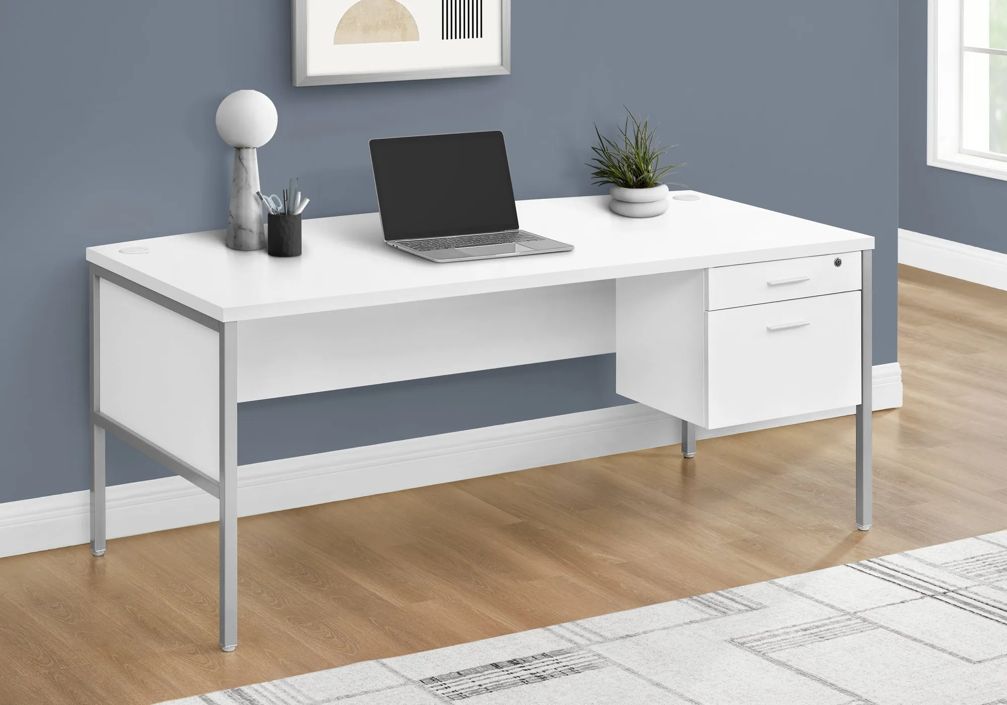 ProWork 72 inch Executive Desk: Modern White Laminate with Silver Metal Accents, Commercial-Grade