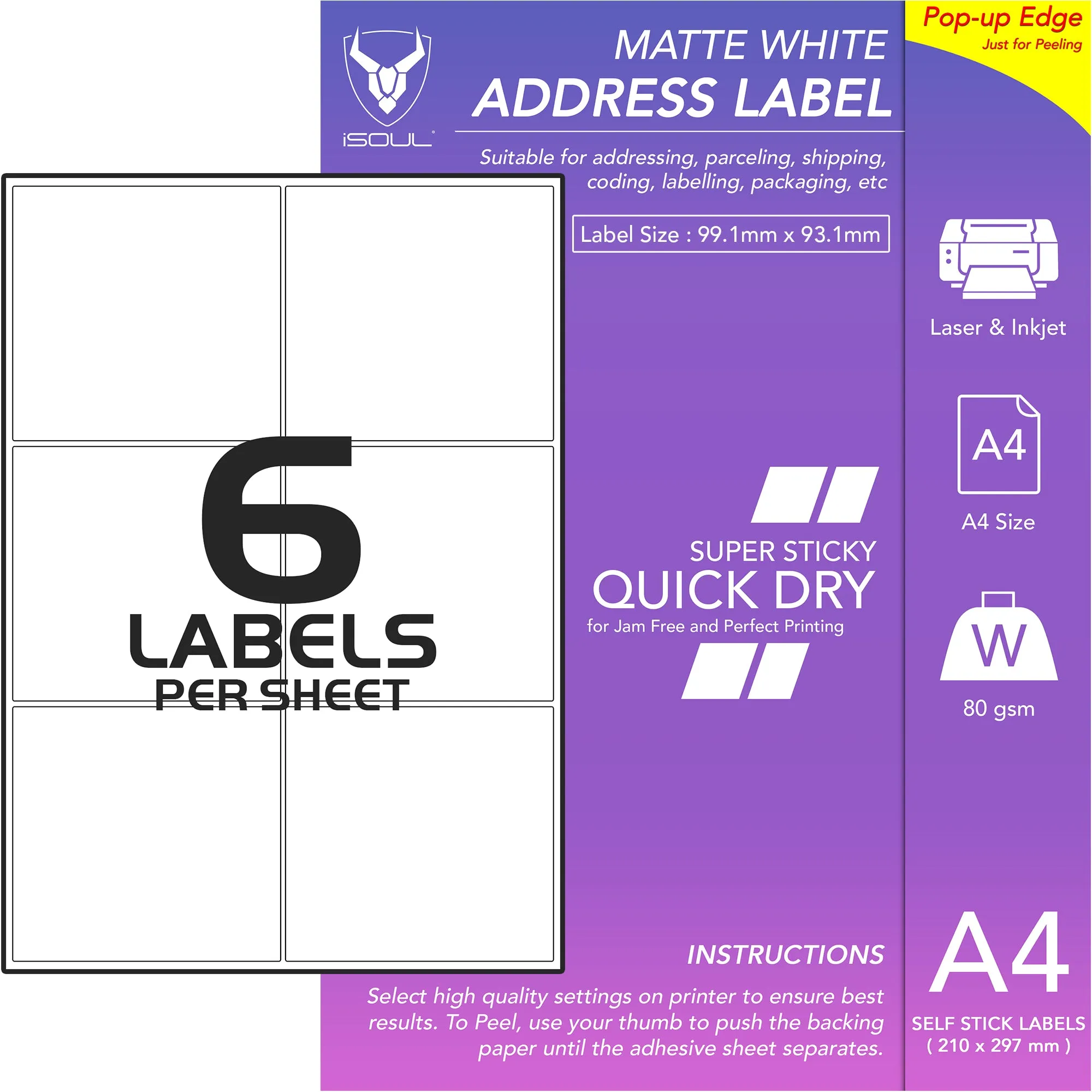 Return Address Labels - 6 Labels per Sheet - 99mm x 93mm