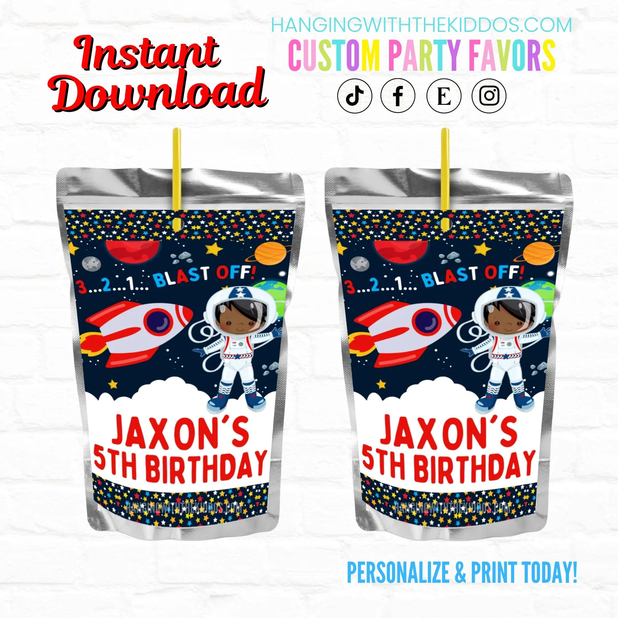 Space Birthday Astronaut Personalized Juice Pouch Labels|Printable File  01