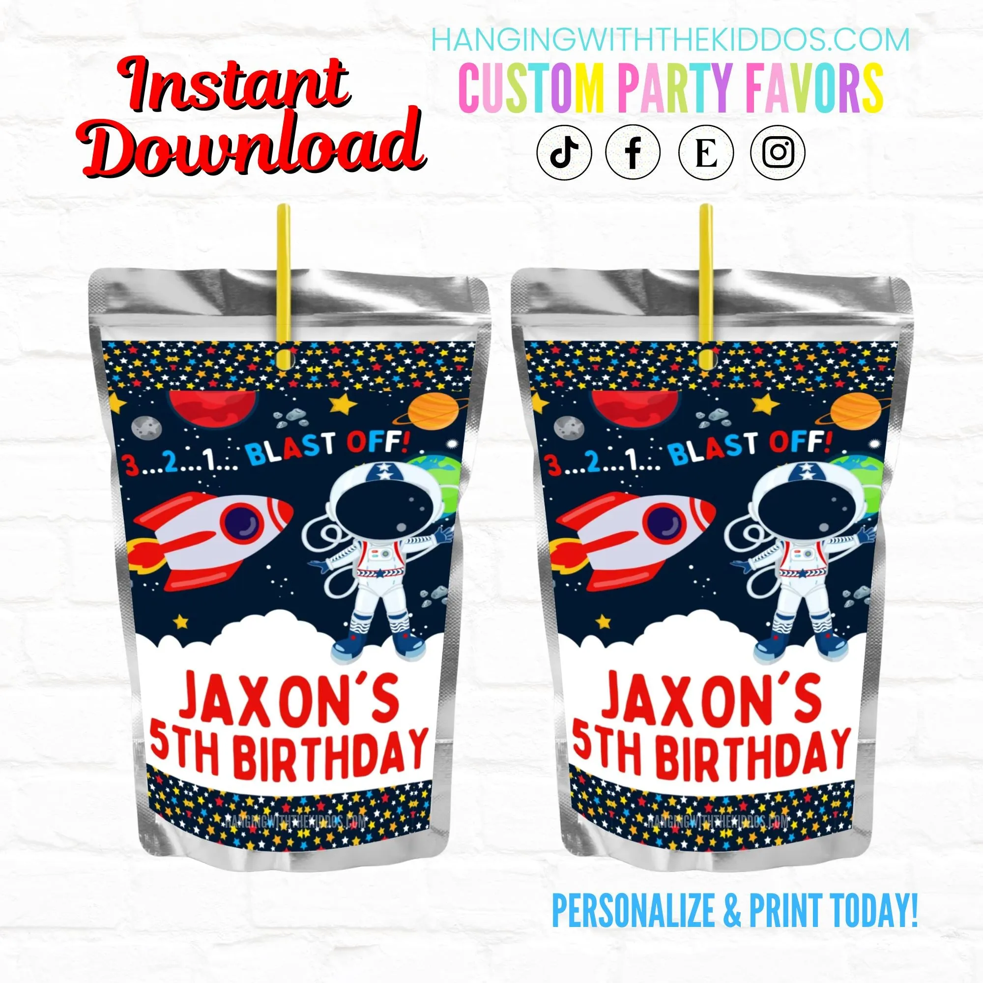 Space Birthday Astronaut Personalized Juice Pouch Labels|Printable File