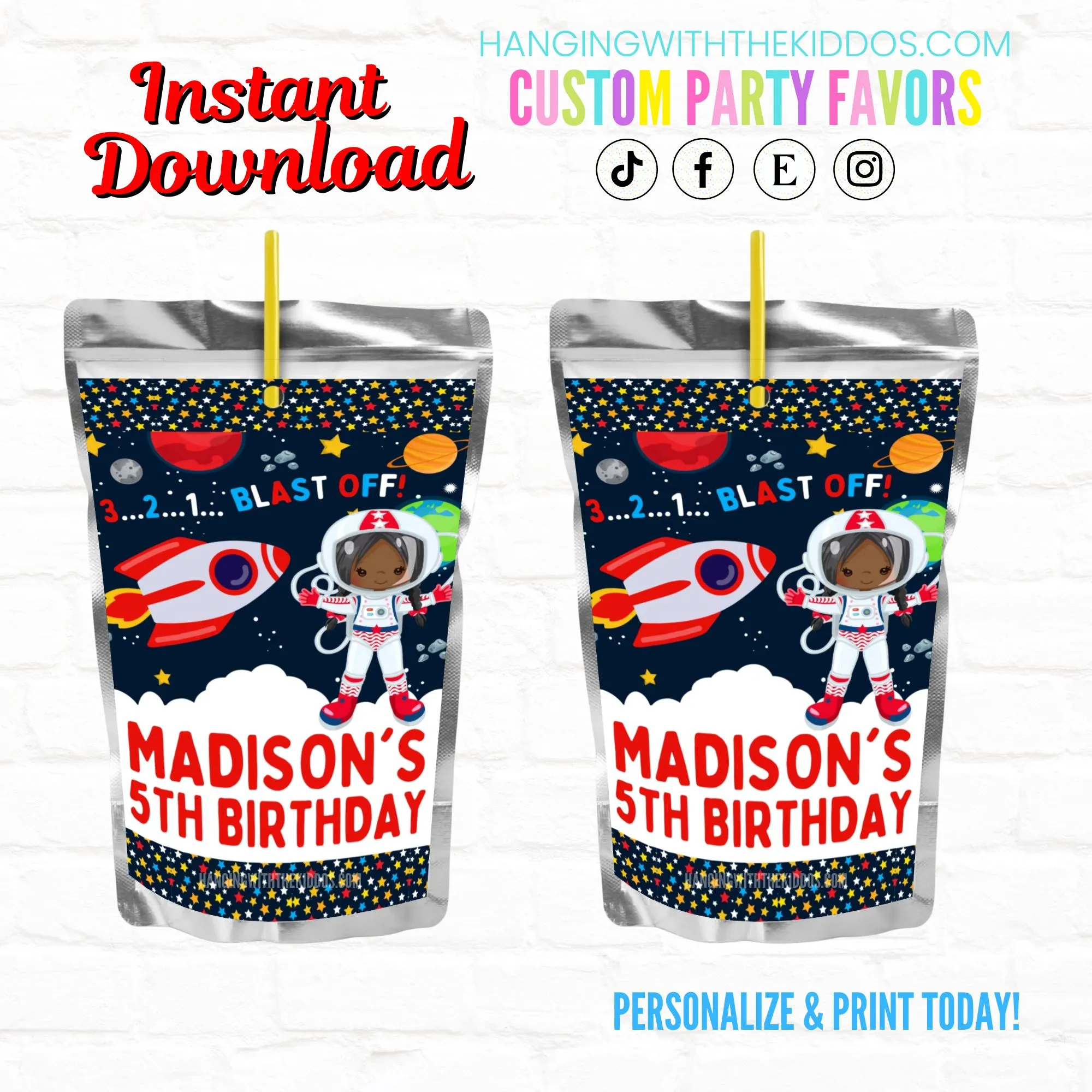 Space Party Girl Astronaut Personalized Juice Pouch Labels|Printable File 03