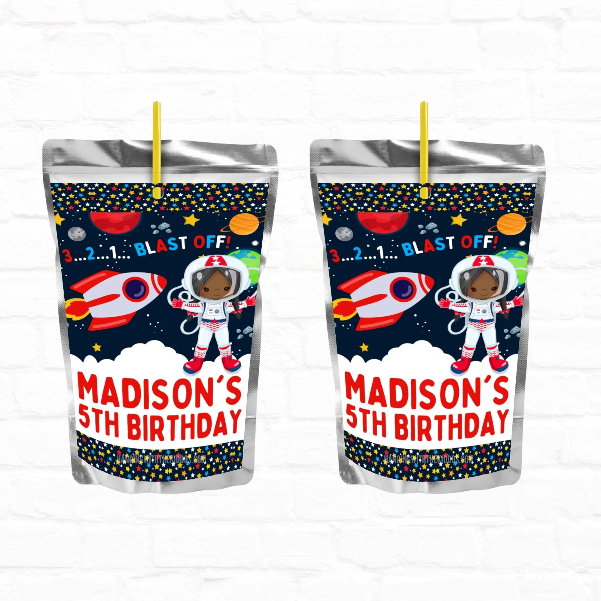 Space Party Girl Astronaut Personalized Juice Pouch Labels|Printable File 03