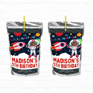 Space Party Girl Astronaut Personalized Juice Pouch Labels|Printable File 03