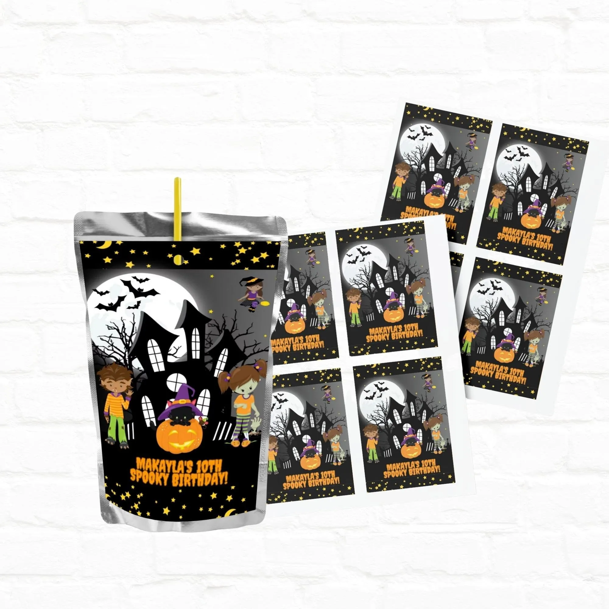 Spooky Halloween Birthday Party Favor Personalized Juice Pouch Labels | Printable File