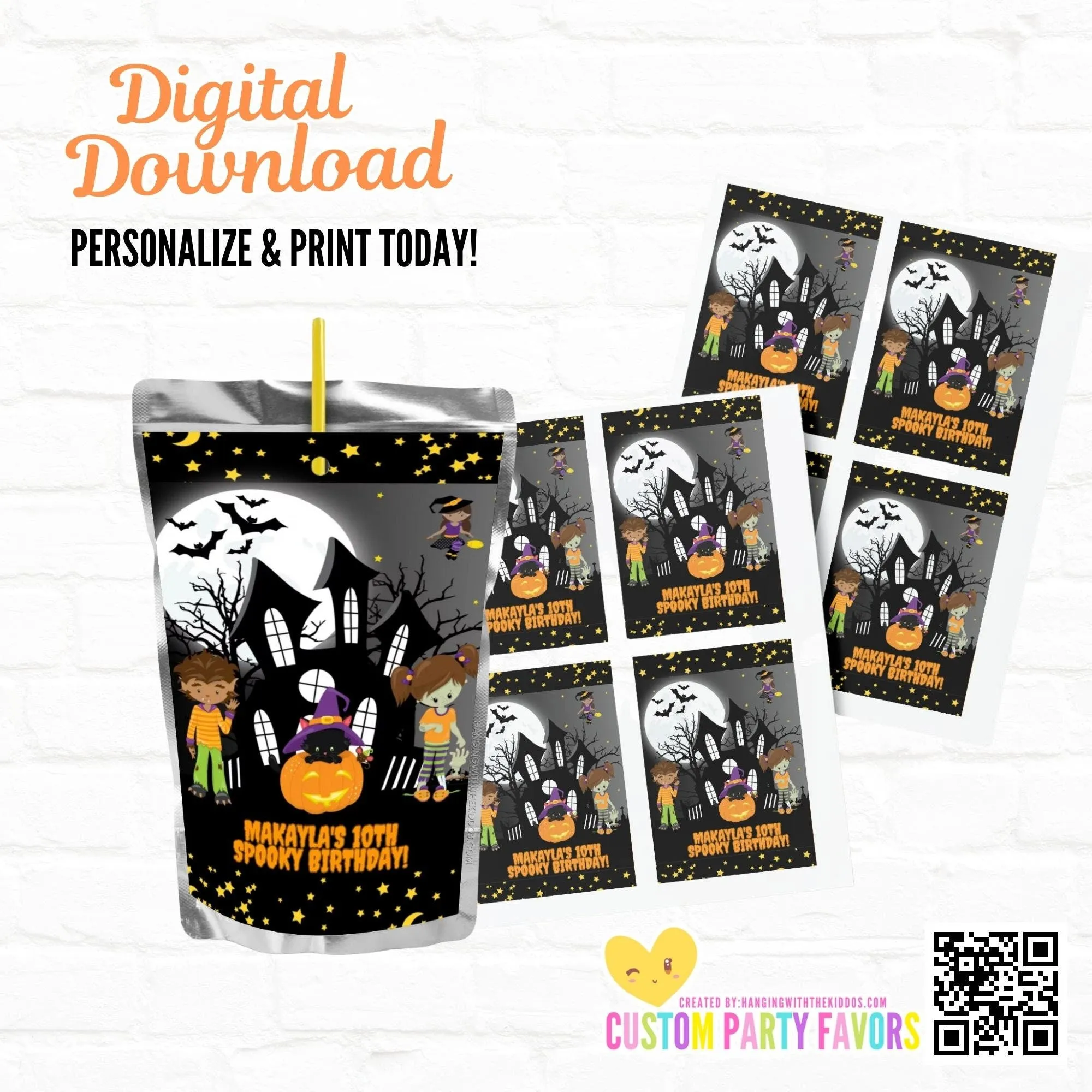 Spooky Halloween Birthday Party Favor Personalized Juice Pouch Labels | Printable File