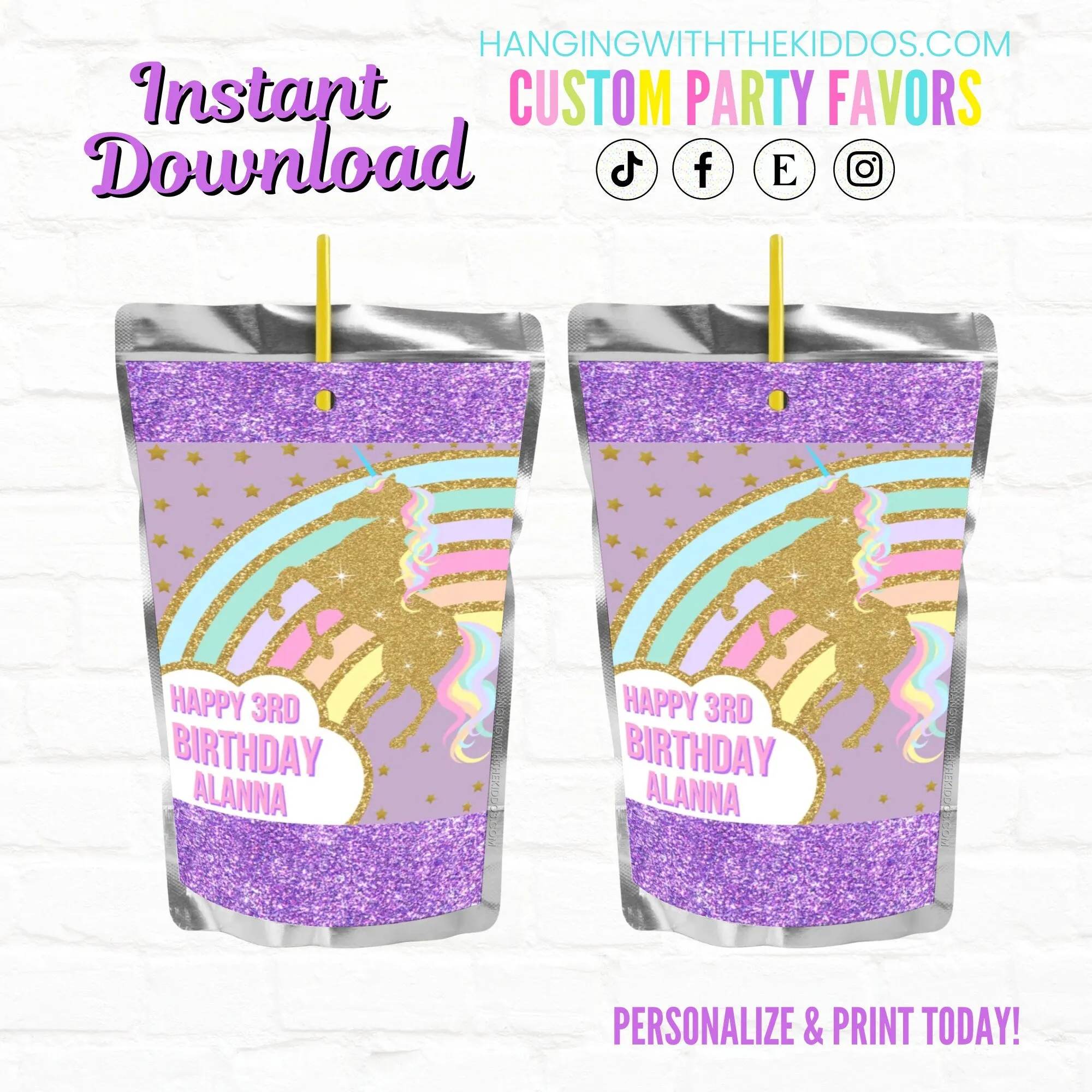 Tween Unicorn Birthday  Drink Pouches| Tea Party Favors| 1st Birthday Favors