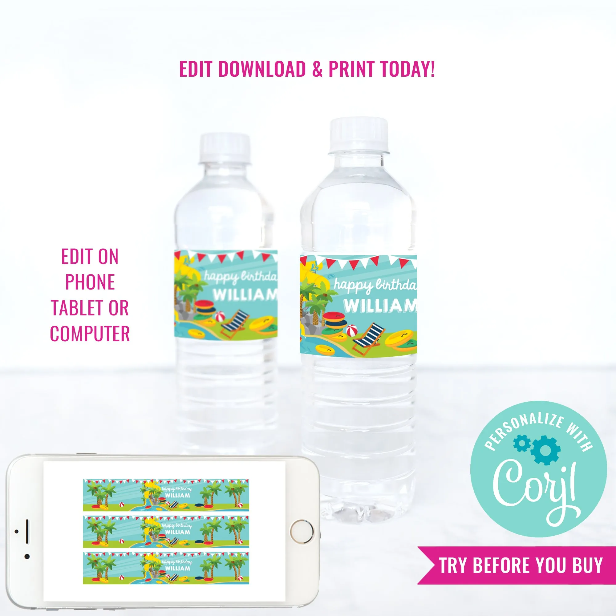 Water Park Party Water Bottle Labels | Pool Party Fun